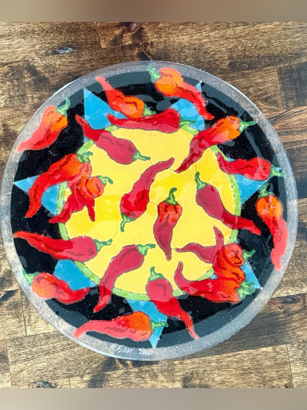Vintage Peggy Karr Glass 'Chilies' Fused Art Glass Plate, 11" Platter
